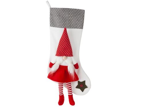Vianočná dekorácia - Biela ponožka s 3D červeným škriatkom, 50 cm